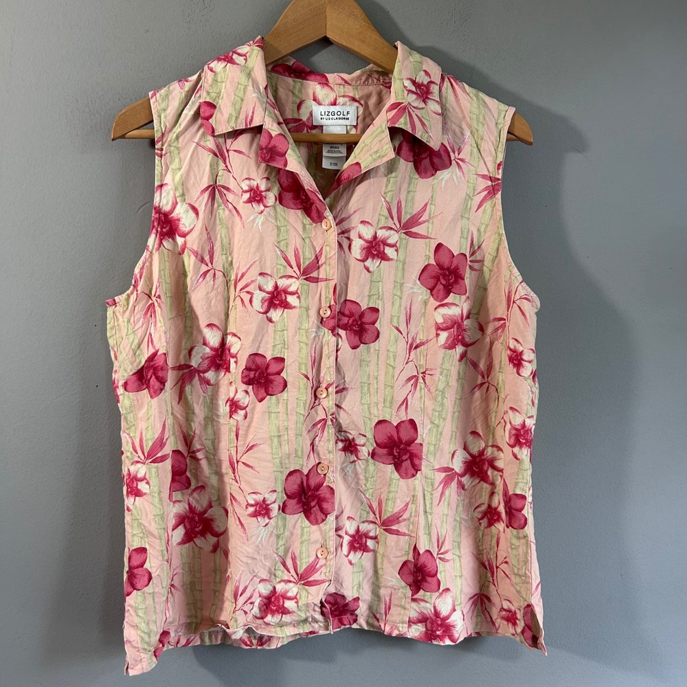 LizGolf Liz Claiborne 100% Silk Sleeveless Floral‎ Bamboo Top Pink Green Large